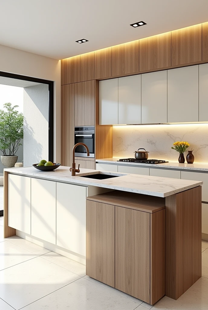 create 1 point prospetive artist expression drawing for kitchen island with sinkdesign match below a modern Archictural style, marble kitchen bench top, cooper tapware, kitchen cabinet with a hardwood timber look, modern creamy-white style. a breafast table attached to the kitchen island, height lower than the kitchen island 200mm