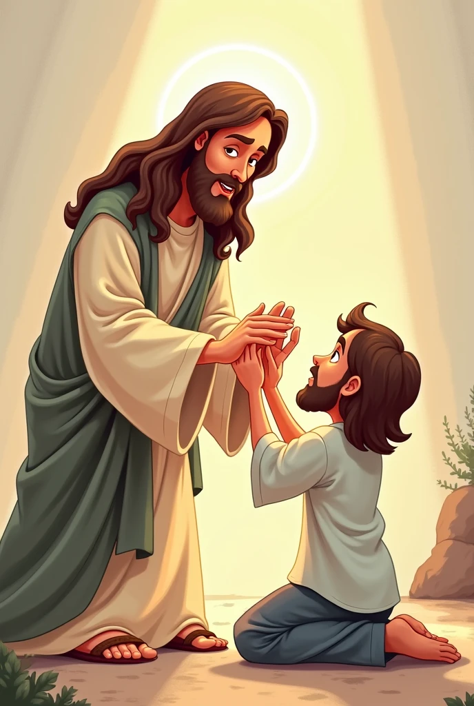 Give me a picture of Jesus Christ praying over a person with laying on of hands in cartoon form