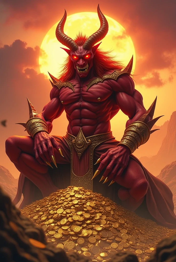 A demon of wealth on top of gold coins in a sunset