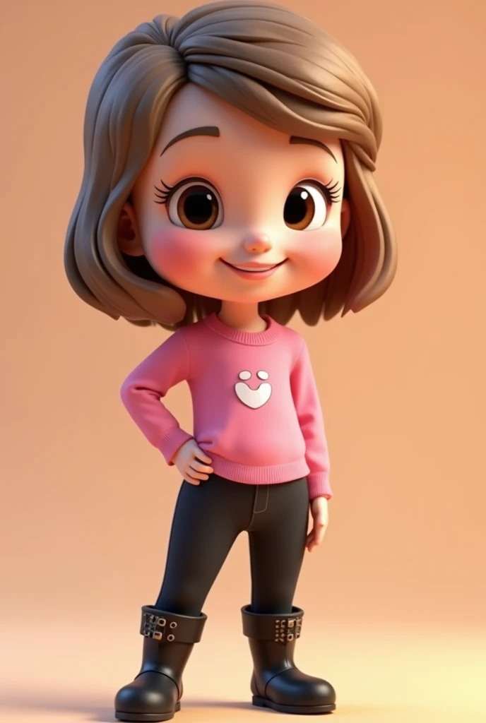 3D image of a 5 year old child full body. Wearing a pink blouse and black pants, she has light brown hair and eyes., small nose and white skin. Straight hair parted on the side, medium length,  loose and with bangs. Slanted eyes and smiling. Slightly arched eyebrow. black boot 