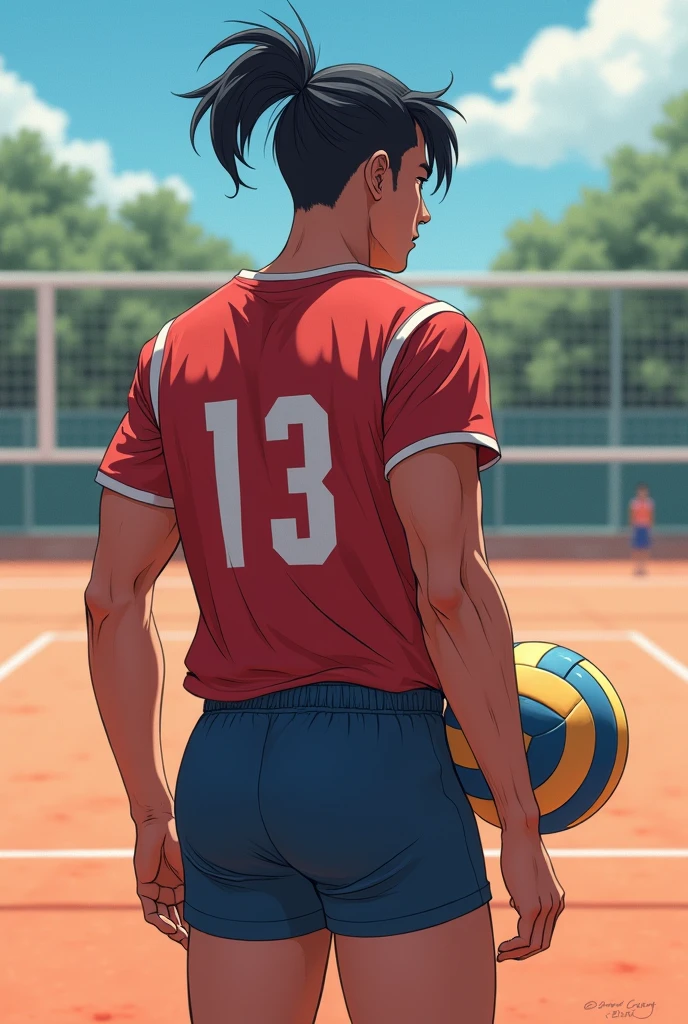 naughty man de 17 anos, dark-skinned , wearing a black colored ponytail cut, Cao Cao, athlete physique, wearing school volleyball uniform, on a volleyball court, naughty man, realisitic , facing the front