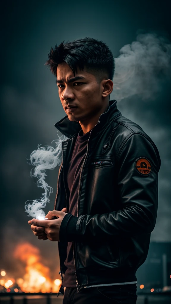 Pockemon 35mm lens, photography, ultra-detailed, HDR, UHD, 8K, portraits, dark atmosphere, menacing expression, smoke effects, dynamic pose, ruined cityscape, intense shadows, vibrant colors,