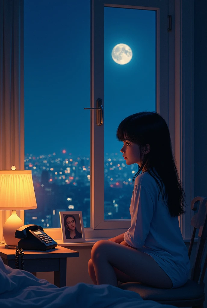 "A melancholic young woman sitting by a window at night, illuminated by soft moonlight and the warm glow of a nearby lamp. She's looking out at a city skyline with twinkling lights. The room is dimly lit, with an open door visible in the background. A landline phone sits on a small table next to her, with a framed photograph beside it. The woman's expression is wistful and longing, her eyes reflecting both hope and sadness. The overall atmosphere is one of quiet anticipation and nostalgia, with a color palette dominated by deep blues, soft purples, and warm yellows. The style should be realistic with a touch of dreamlike quality, emphasizing the emotional weight of the scene."