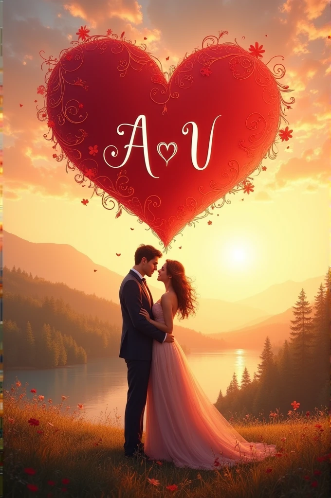 Generate a romantic image for couples with a romantic background & a red heart between & write "A ♥️U" in a romantic way