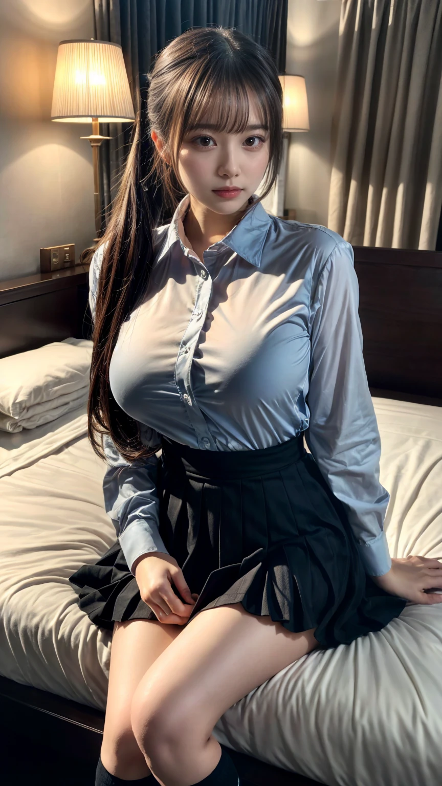 (8K, RAW Photos, Highest quality, masterpiece:1.2), (professional photography, full colors, studio-caliber color grading), (Gravure quality for high-end fashion magazines),  BREAK,18 year old girl, (fluffy ponytail:1.2), Big Natural Color Lip, Plumpy body, (smooth skin:1.1), huge breasts,  BREAK, (collared shirt:1.1), pleated skirt, knee high socks, BREAK, hotel room, cute , lolita