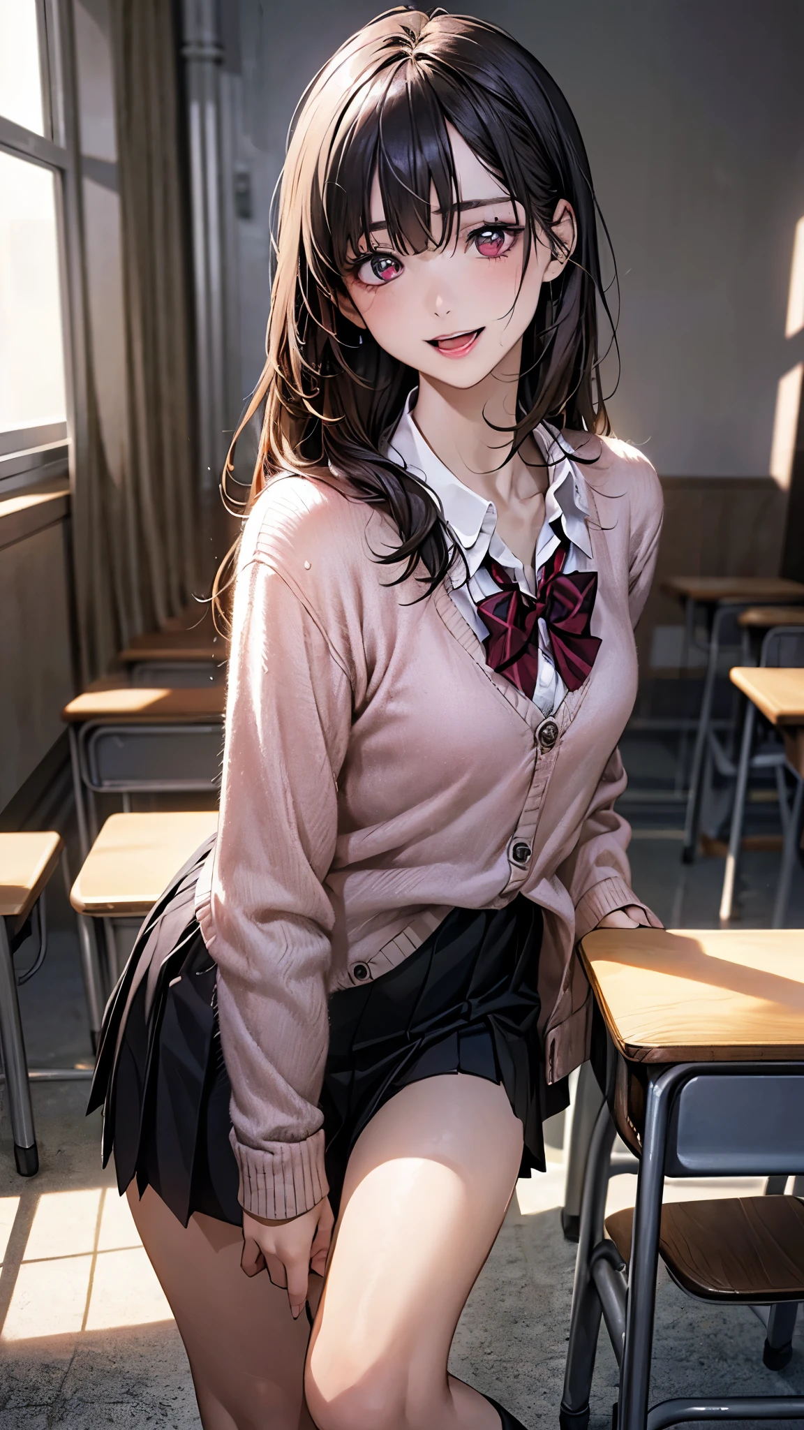 (masterpiece:1.2, top-quality), (realistic, photorealistic:1.4), beautiful illustration, (natural side lighting, movie lighting), depth of fields, nsfw,
beautiful detailed hair, beautiful detailed face, beautiful detailed eyes, beautiful clavicle, beautiful body, beautiful chest, beautiful thigh, beautiful legs, shiny skin, pink skin,
looking away, 1 girl, 12 years old, (perfect anatomy, anatomically correct, super detailed skin), cute and symmetrical face, perfect face, perfect eyes, perfect body,
(long hair, straight hair, sideburns, black hair), blunt bangs, hair between eyes, break maroon eyes, big eyes, long eye lasher, (medium breasts, seductive thighs), babyface, slender,
(detailed cloth texture, break white collared shirt, break long sleeve pink knit cardigan, break black pleated skirt, break red bow tie), maroon headband,
(beautiful scenery), evening, (school classroom:1.2), standing, (lovely smile, open mouth small),