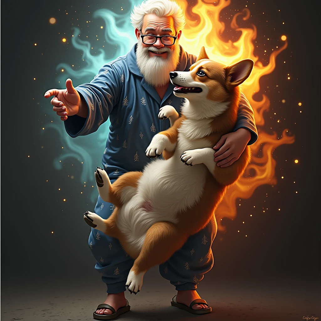 a portly, white-bearded man, spectacles,wear indigo torn pajamas , creates and destroys hands, one eye shedding tears of beauty and light, the other crying flames that incinerate and consume, representing the dual forces of creation and destruction. Settings: Ultra-detailed , realistic photography concept art, dynamic movement pose ,hug a chubby corgi