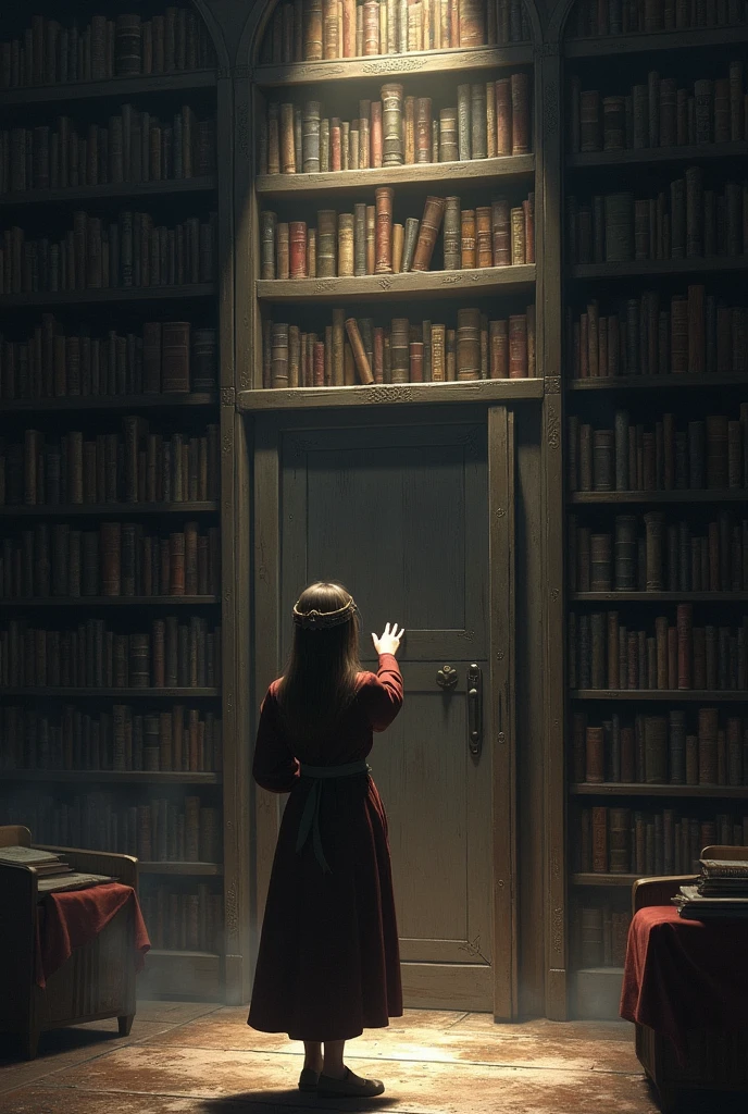 Using the blueprints, they locate a concealed door behind a bookshelf.
Maria: "This must be it."