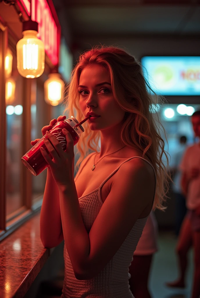 Beautiful blonde Asian girl sitting in a restaurant at night, Visible from the window, Perfect Face, sunglasses, Smoking white Taylormade cigarettes, Neon Black, (Backlit: 1.1), Hard Shadows, masterpiece, Highest quality, Complex, Model shooting style, Vintage, Film Grain, Incomplete details