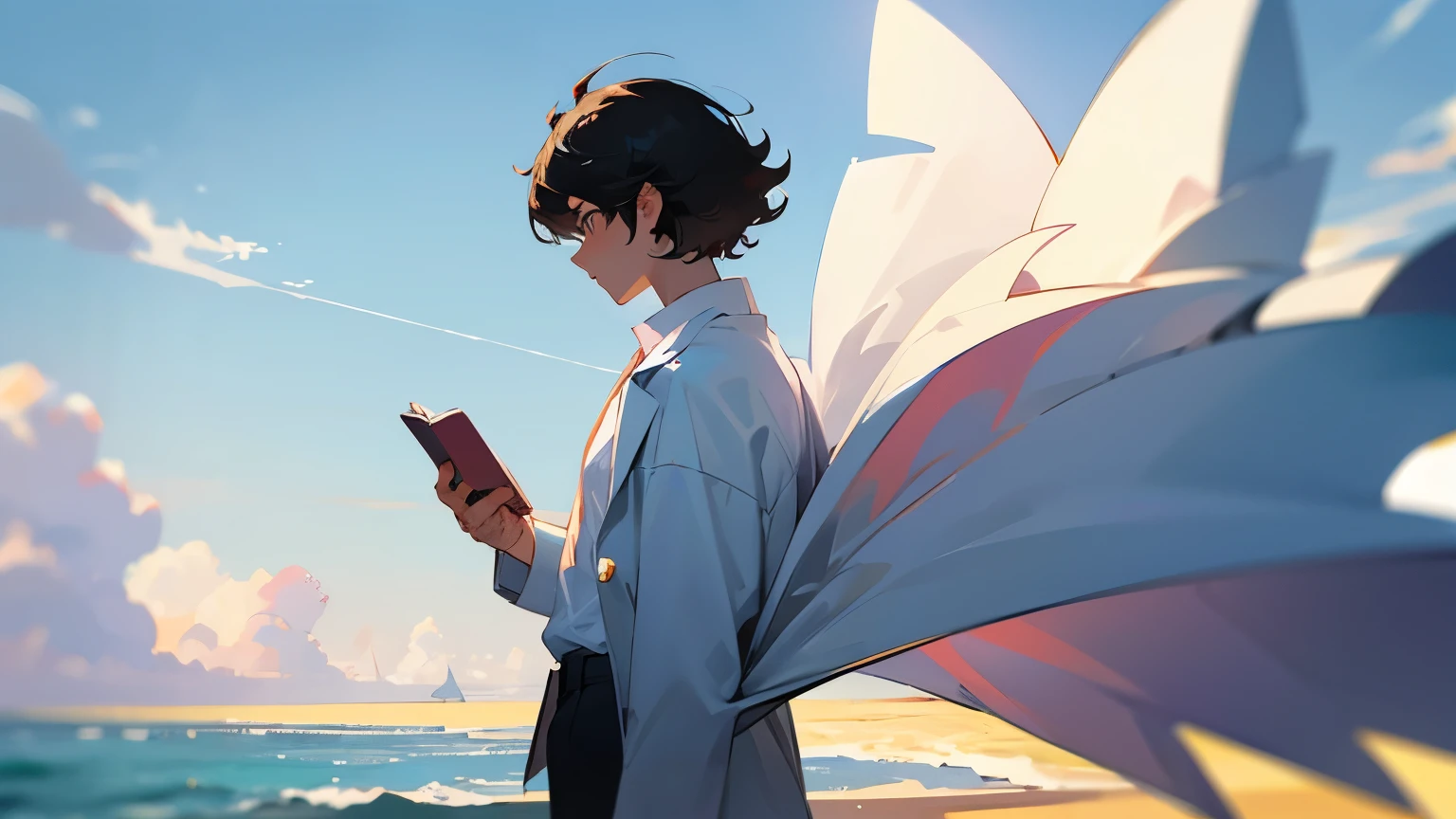 Cool man alone, white shirt, white jacket, black hair, short hair, curly hair, serious expression, throwing a notebook toward the sea, sunny, clear skies, white clouds, composition from behind, summer, Highest quality, masterpiece, extremely detailed