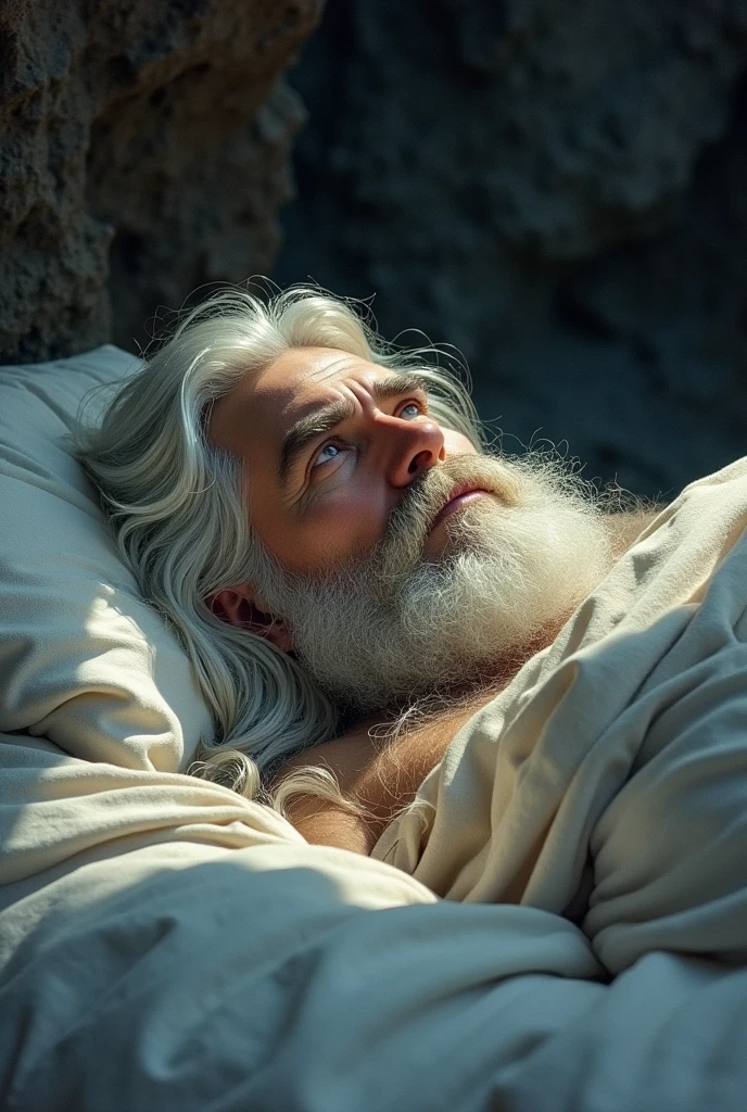 Make a man with long white hair and beard lying on a bed with his eyes open, in a cave, but only showing his face, leave the quality in the style of a 70&#39;s fantasy book cover
