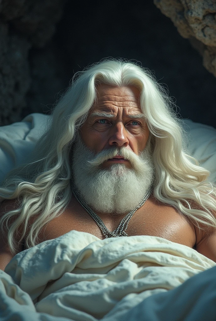 Make a man with long white hair and beard lying on a bed with his eyes open, in a cave, but only showing his face, leave the quality in the style of a 70&#39;s fantasy book cover
