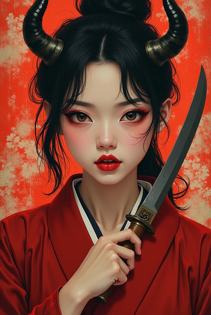 Beautiful devil painting, knife剣を携えた鬼の女, knife, 妖knife, knife, Powerful female samurai, ２book horn, Fanged Mouth, Eyes without pupils, gambling, The Flower of Carnage, Platinum Blonde Devil, Beautiful red kimono, Oiran, Highest ranking woman, Ghost Girl, Female Yakuza, Toshi Ibaraki, shuten douji, Inspired by Chen Yifei, Inspired by Francesco Hayez, Inspired by Hendrik Terbruggen, Jean＝Works that influenced Auguste Dominique Ingres, Inspired by Liu Jun, Jean＝Works that influenced Auguste Dominique Ingres, Highest quality, The perfect angle, Perfect composition, Perfect subject, Best Shot, Official Art, Cinematic Light, Figurative art, Beautiful and expressive paintings, Beautiful artwork illustration, wonderful, Cool Beauty, clear, mysterious, Highest quality, Official Art, Perfect composition, The perfect angle, Best Shot, women only, Sharp contours, pretty much beautiful face, The devil lurking in the darkness of Kyoto, Lord of Chimi Muru, Ruthless Devil Woman, demon queen, Female Yakuza, Full Body Tattoo, Danvila, 妖knife, wide, Rashomon
