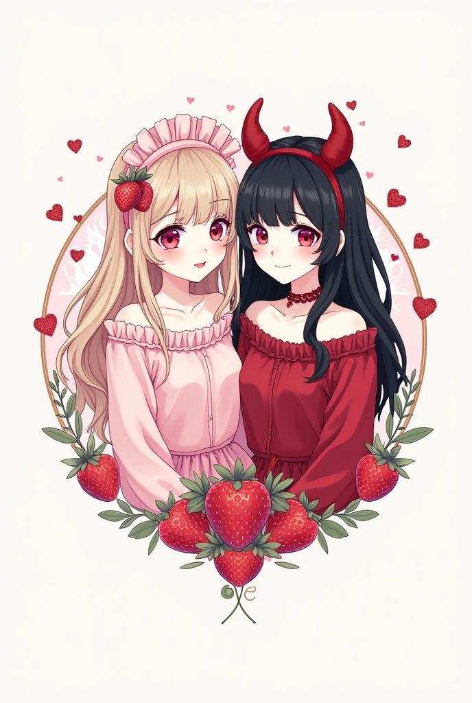Create a small logo of a store called "Lulumu Store" with white colors, rosa , red, black and have a girl dressed as a lolita with pastel pink hair , fresitas dibujadas alrededor y añade otra chica sucubo vestida de red muy sexy pero tierna con cabello negro