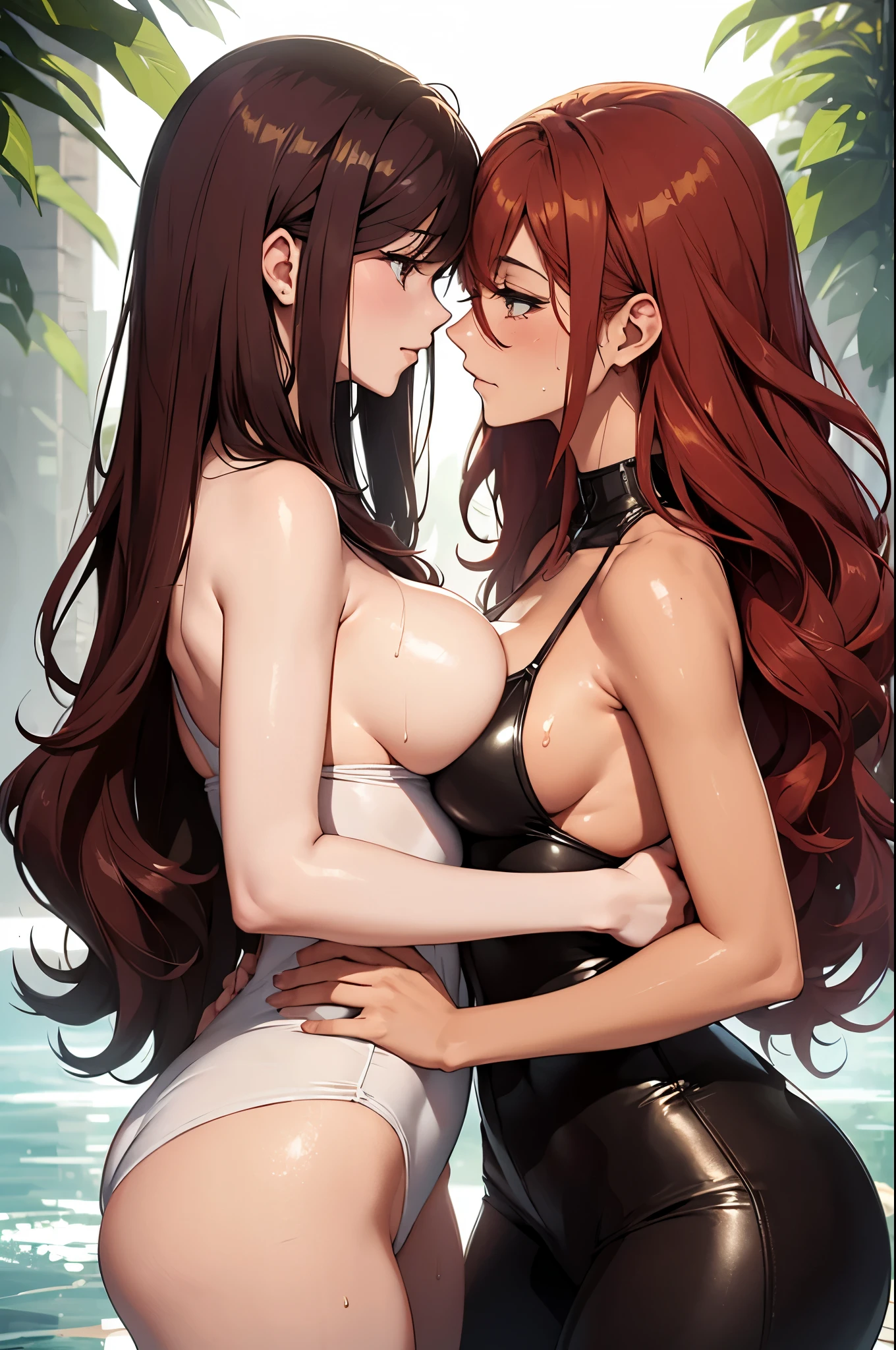 Two beautiful women in Bikins kiss, both have long wet messy hair, round large breasts with small areolas, (full entire body), left woman dark red hair, right woman light golden hair, (Both bodies are wet) sweat heavily, humid, shinny skin,