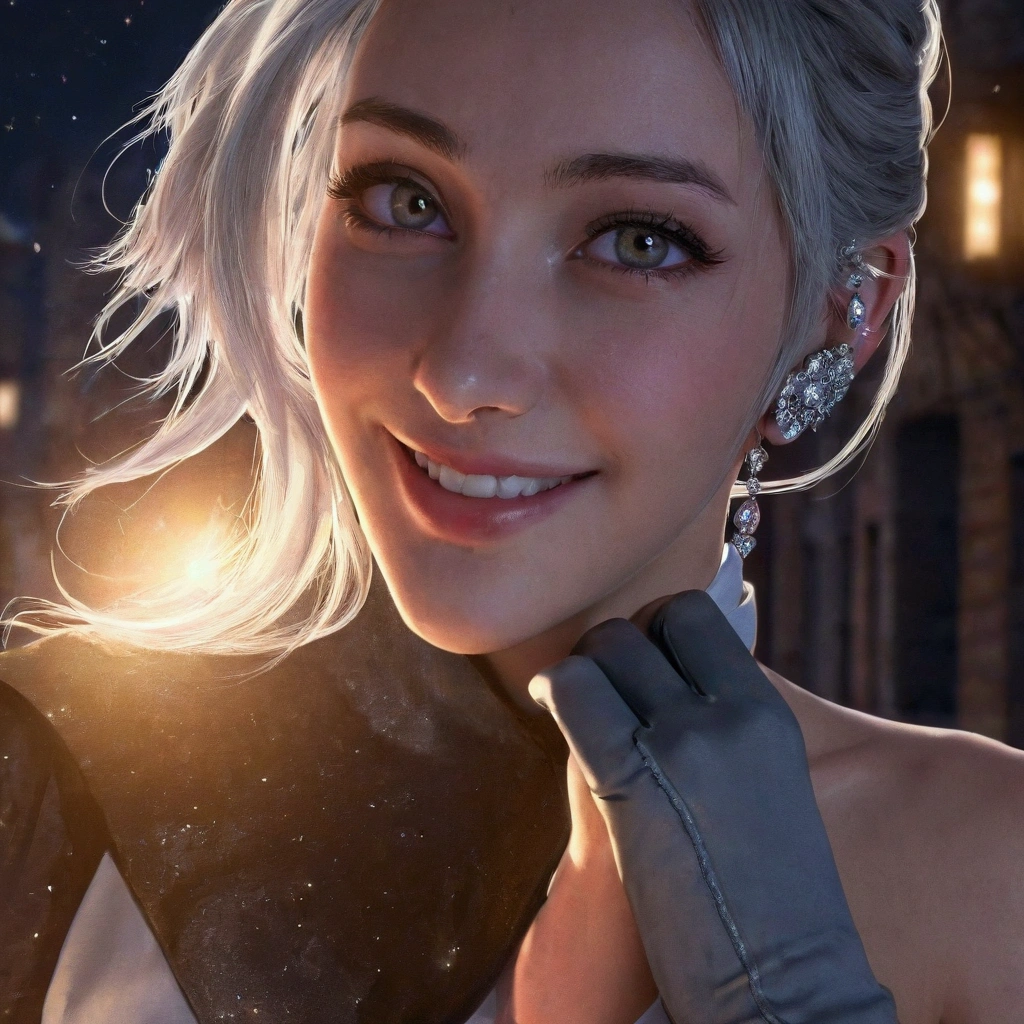 (Realistic painting style:0.9), masterpiece, best quality, absurdres, looking at viewer, solo, bronya zaychik (silverwing n-ex), bronya zaychik, red pupils, 1girl, solo, breasts, long hair, dress, grey hair, cleavage, looking at viewer, smile, closed mouth, bangs, grey eyes, jewelry, single glove, earrings, white dress, gloves, bare shoulders, sleeveless dress, drill hair, sleeveless, single sleeve, hair between eyes, large breasts, twin drills, white sleeves, hair ornament, single pauldron, city, night