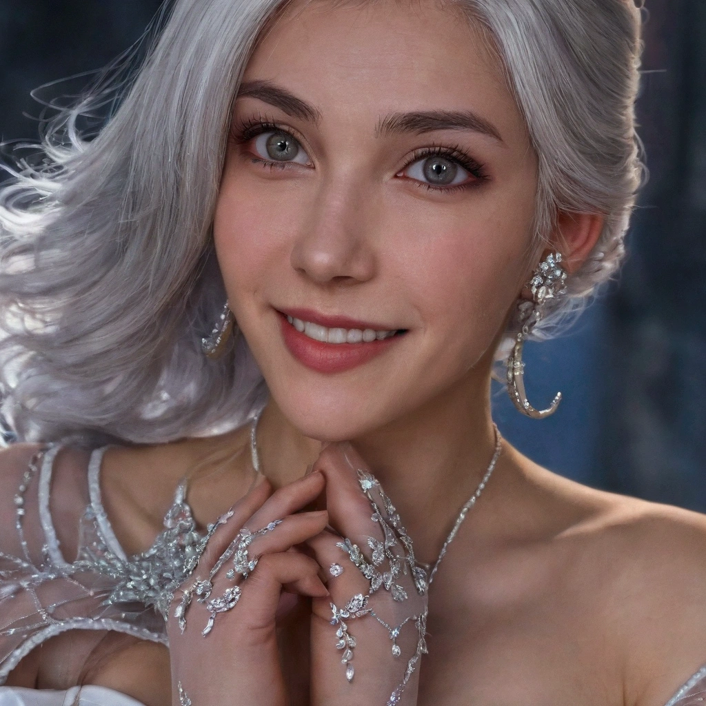 (Realistic painting style:0.9), masterpiece, best quality,  absurdres, looking at viewer, solo, bronya zaychik (silverwing n-ex), bronya zaychik, red pupils, 1girl, solo, breasts, long hair, dress, grey hair, cleavage, looking at viewer, smile, closed mouth, bangs, grey eyes, jewelry, single glove, earrings, white dress, gloves, bare shoulders, sleeveless dress, drill hair, sleeveless, single sleeve, hair between eyes, large breasts, twin drills, white sleeves, hair ornament, single pauldron, city, night