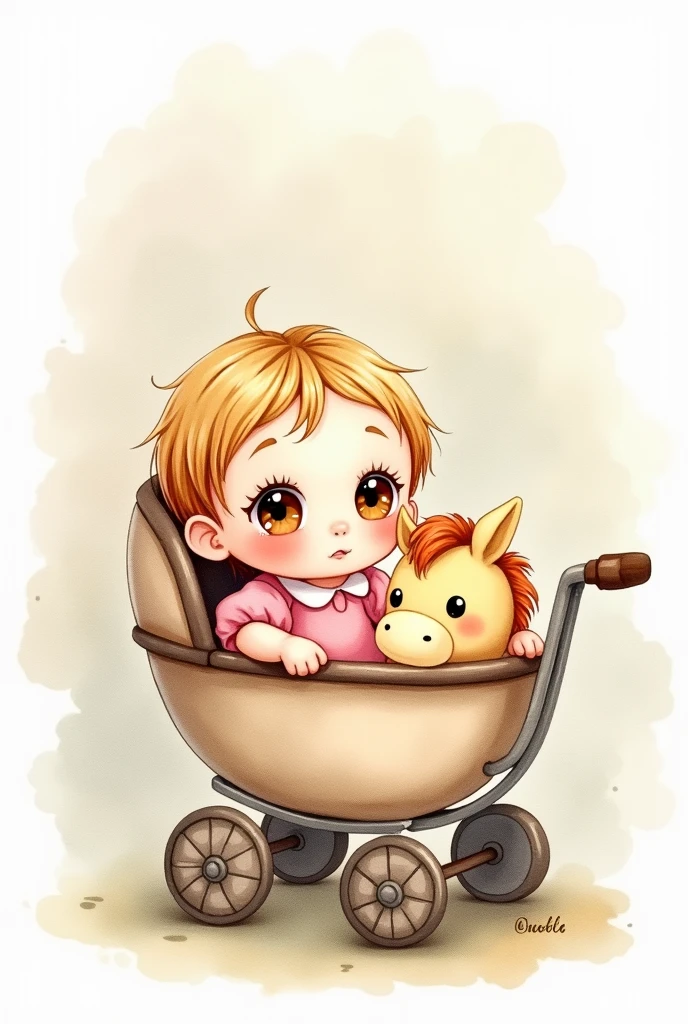 Blonde baby girl, Brown eyes, in a pink dress in a stroller with a light yellow stuffed horse, watercolor illustration type 