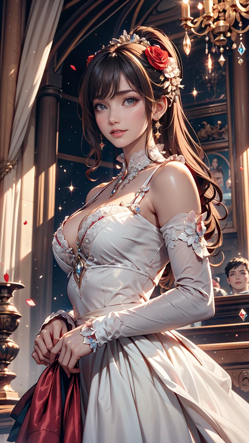 Dramatic composition, Court-style dress, Royal, nice, カスケードFrills, Frills, bow, Crystal Chandelier, Roman Curly Hairstyles, to place, Drill-like double ponytail, Looking at the camera, bangs, Maximalism, Palace-like background, Delicate depiction of hair and eyes, Princess Dress, nice skirts, Flowers in hands, smile, Starry Eyes, Cinematic Light, Extremely detailed, High resolution, Happy girl, Very long hair, diamond, broken diamond, Crystal Fragment, Particles of light