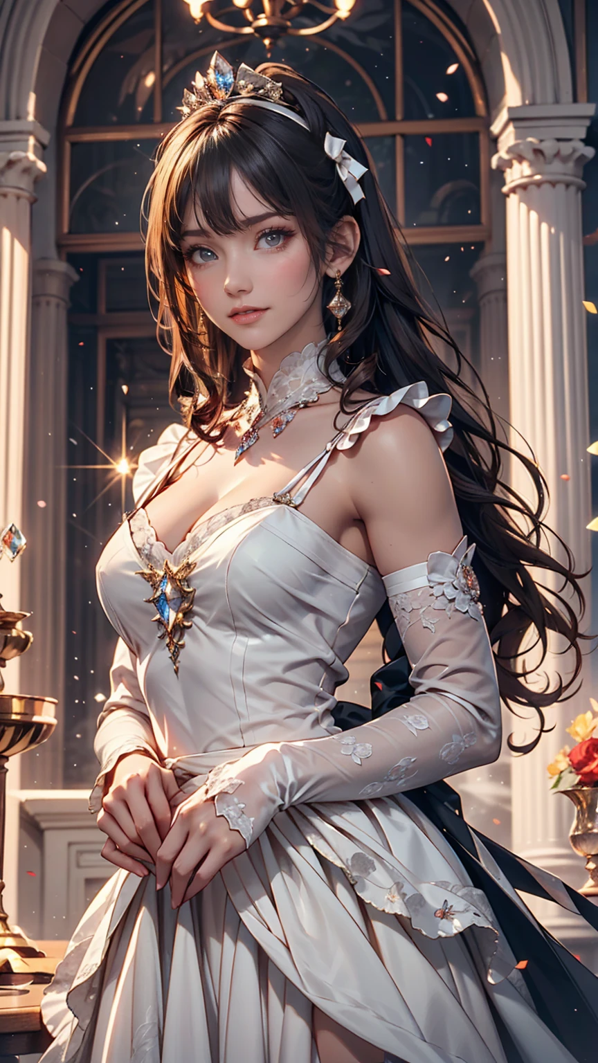 Dramatic composition, Court-style dress, Royal, nice, カスケードFrills, Frills, bow, Crystal Chandelier, Roman Curly Hairstyles, to place, Drill-like double ponytail, Looking at the camera, bangs, Maximalism, Palace-like background, Delicate depiction of hair and eyes, Princess Dress, nice skirts, Flowers in hands, smile, Starry Eyes, Cinematic Light, Extremely detailed, High resolution, Happy girl, Very long hair, diamond, broken diamond, Crystal Fragment, Particles of light