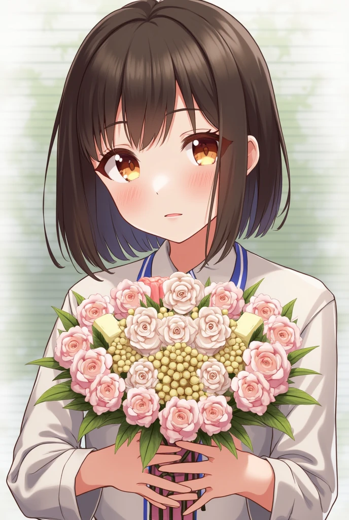 girl holding a bouquet of flowers with shoulder length hair