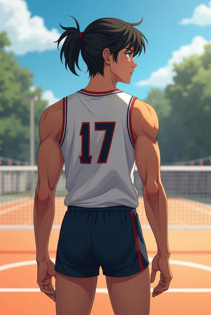 naughty man de 17 anos, dark-skinned , wearing a black colored ponytail cut, Cao Cao, athlete physique, wearing school volleyball uniform, on a volleyball court, naughty man, realistic styling , seen from the front 