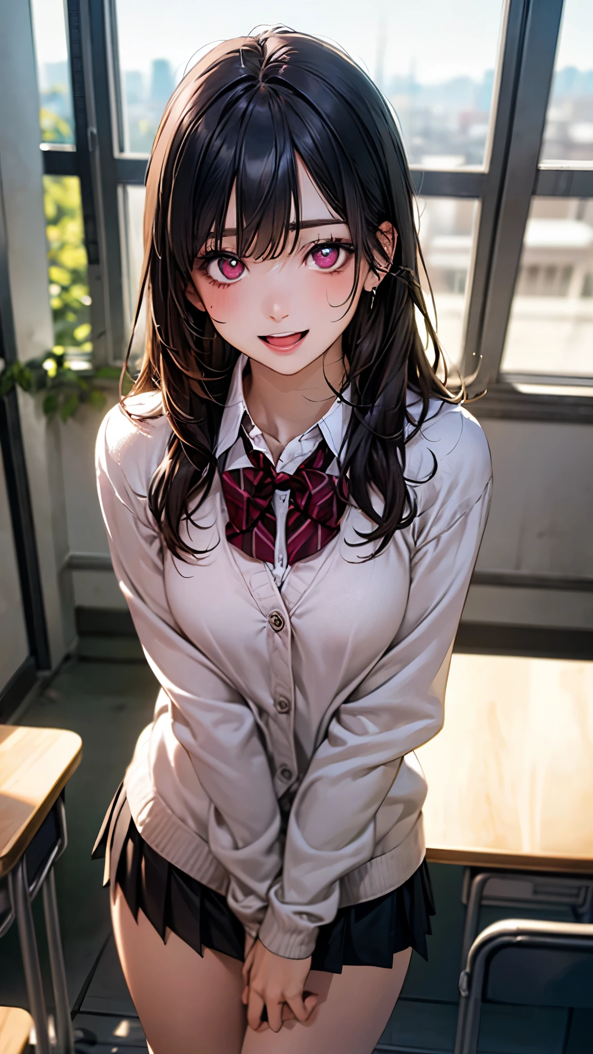 (masterpiece:1.2, top-quality), (realistic, photorealistic:1.4), beautiful illustration, (natural side lighting, movie lighting), depth of fields, nsfw, 
beautiful detailed hair, beautiful detailed face, beautiful detailed eyes, beautiful clavicle, beautiful body, beautiful chest, beautiful thigh, beautiful legs, shiny skin, pink skin, 
looking away, 1 girl, 12 years old, (perfect anatomy, anatomically correct, super detailed skin), cute and symmetrical face, perfect face, perfect eyes, perfect body, 
(long hair, straight hair, sideburns, black hair), blunt bangs, hair between eyes, break maroon eyes, big eyes, long eye lasher, (medium breasts, seductive thighs), babyface, slender, 
(detailed cloth texture, break white collared shirt, break long sleeve pink knit cardigan, break black pleated skirt, break red bow tie, maroon headband), 
(beautiful scenery), evening, (school classroom:1.2), standing, (lovely smile, open mouth small), 