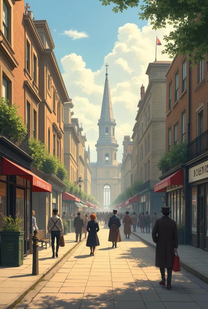 London footpaths in 1888 , less people , anime , middle , midday , warm tone