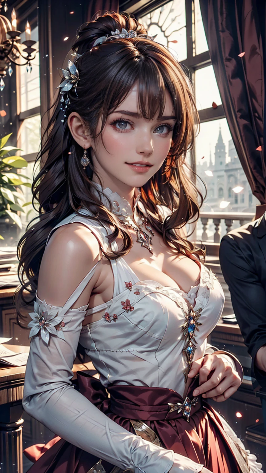 Dramatic composition, Court-style dress, Royal, nice, カスケードFrills, Frills, bow, Crystal Chandelier, Roman Curly Hairstyles, to place, Drill-like double ponytail, Looking at the camera, bangs, Maximalism, Palace-like background, Delicate depiction of hair and eyes, Princess Dress, nice skirts, Flowers in hands, smile, Starry Eyes, Cinematic Light, Extremely detailed, High resolution, Happy girl, Very long hair, diamond, broken diamond, Crystal Fragment, Particles of light