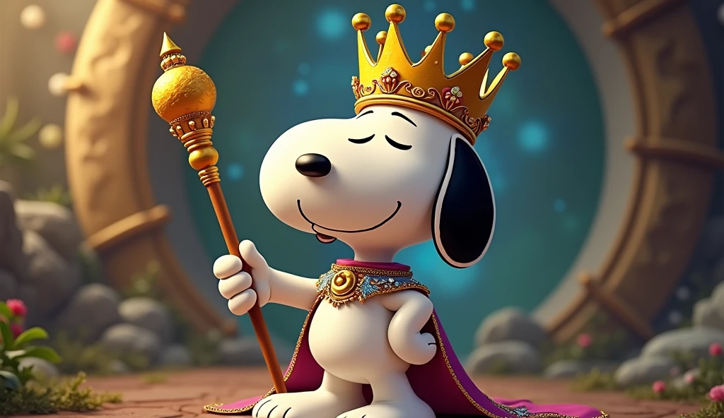 Snoopy wearing a crown,With a scepter in his hand