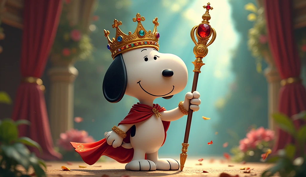 Snoopy wearing a crown,With a scepter in his hand