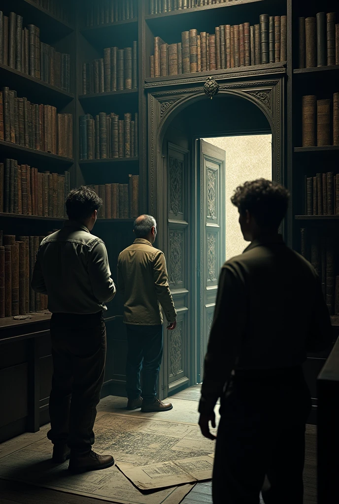 Using the blueprints, they locate a concealed door behind a bookshelf.

Maria: "This must be it." Cinematic