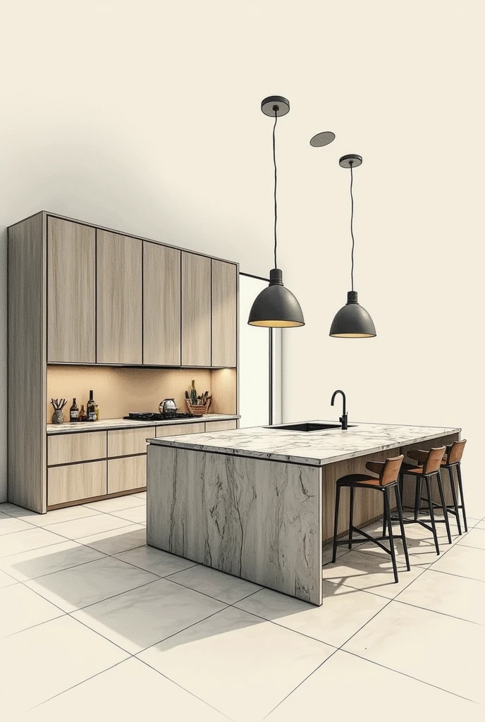 create 1 point prospetive artist expression drawing for  kitchen island with sinkdesign  match  below a modern Archictural style, marble kitchen bench top, cooper tapware, kitchen cabinet with a hardwood timber look, modern creamy-white style. a big separate breafast table attached to the kitchen island, height lower than the kitchen island  200mm


