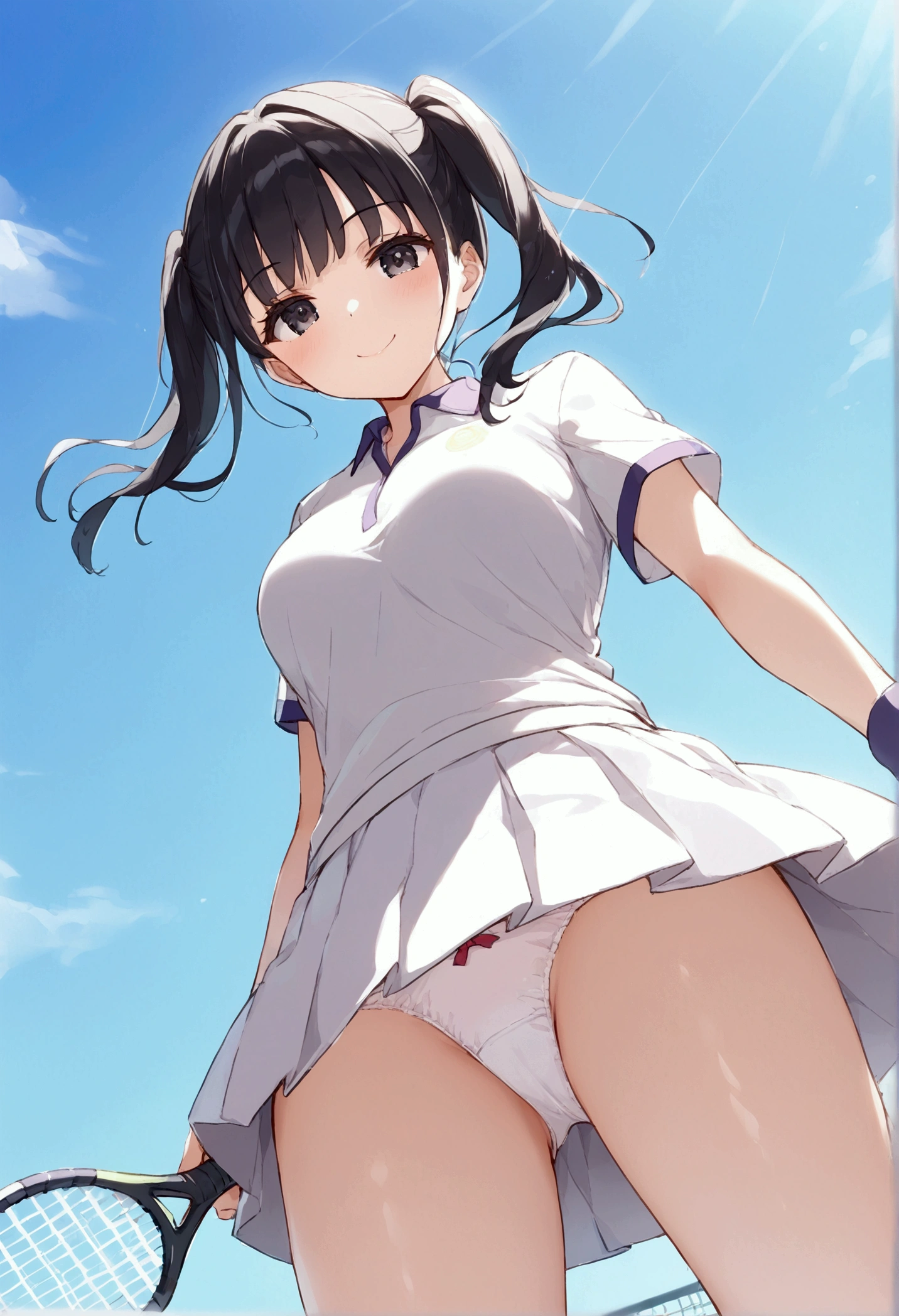 高いquality illustration, masterpiece, Very delicate and beautiful, Slender body, Anime Style, Beautiful Eyes, masterpiece, Highest quality, High resolution, Very detailed, Perfect lighting、Painted from the front、Very young girl、1 female、smile、Close your mouth、Black Hair、black eye、Short Twin Tails、tennis Club、((White tennis uniform))、White panties、((赤いリボンのWhite panties))、Tennis court、audience、tennis racket、((Her white skirt is blown up by the wind))、the wind is strong、noon、View from below