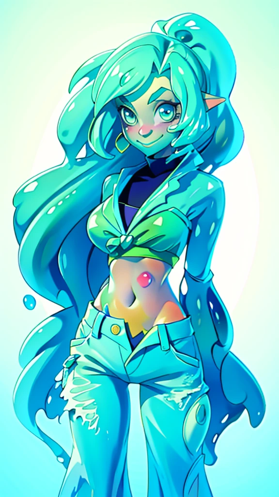 Highly detailed, High Quality, Masterpiece, Slimecore, <lora:Slimecore:0.9>, monster girl, slime girl, smile, blue slime, cowboy shot, tank top, shorts