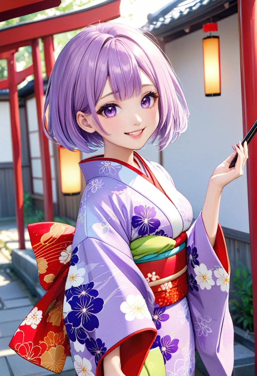 Highest quality、woman、20-year-old、1 person、Japanese Kimono(Bright colors and patterns)、Light purple hair、short hair、smile、vtuber