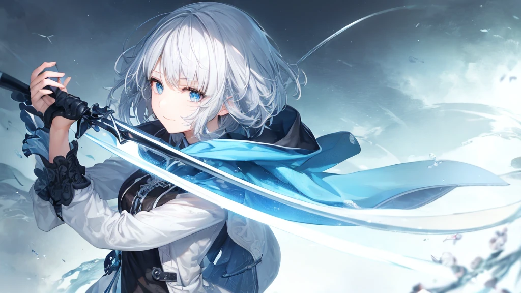 Ultra HD,Look at the viewers, Place your hands behind your back, With a girl, 20-year-old, 非常にshort hair, Long bangs between the eyes, Pale blue eyes, Very detailed,(masterpiece、Highest quality),Gray Hair、Laughter、wonderful, Silver Hair, iris, short hair、 Fluttering Hair、Small face、明るいsmile、(Detailed face) ,Professional Lighting,wonderful風景,blue sky, sunlight,Looking down from above,Portraiture、Open your mouth、Flower Field、Her eyes were shining、Mysterious and enchanting atmosphere。With AI Painting、とてもshort hair, Long bangs between the eyes, Very detailed,(masterpiece、Highest quality)、alone、Gray Hair、Fantasy, Silver Hair, Fantasyな風景、smile、Open your mouth、short hair、short hair、hairpin、black eye、Grey Eyes、Beautiful Eyes、Black Shirt、White hoodie、Hold the sword