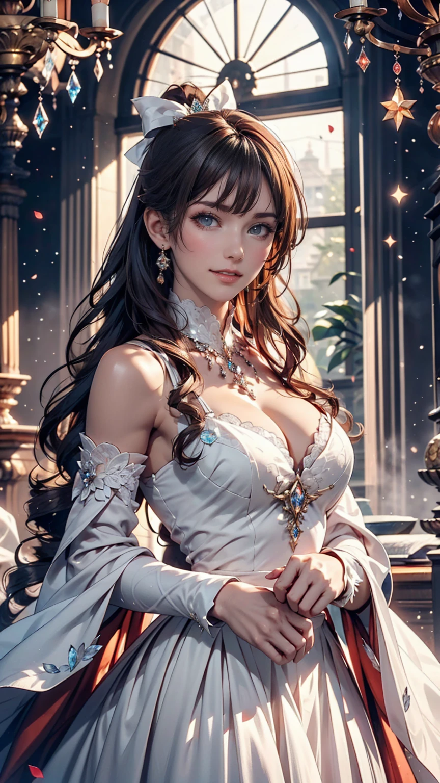 Dramatic composition, Court-style dress, Royal, nice, カスケードFrills, Frills, bow, Crystal Chandelier, Roman Curly Hairstyles, to place, Drill-like double ponytail, Looking at the camera, bangs, Maximalism, Palace-like background, Delicate depiction of hair and eyes, Princess Dress, nice skirts, Flowers in hands, smile, Starry Eyes, Cinematic Light, Extremely detailed, High resolution, Happy girl, Very long hair, diamond, broken diamond, Crystal Fragment, Particles of light