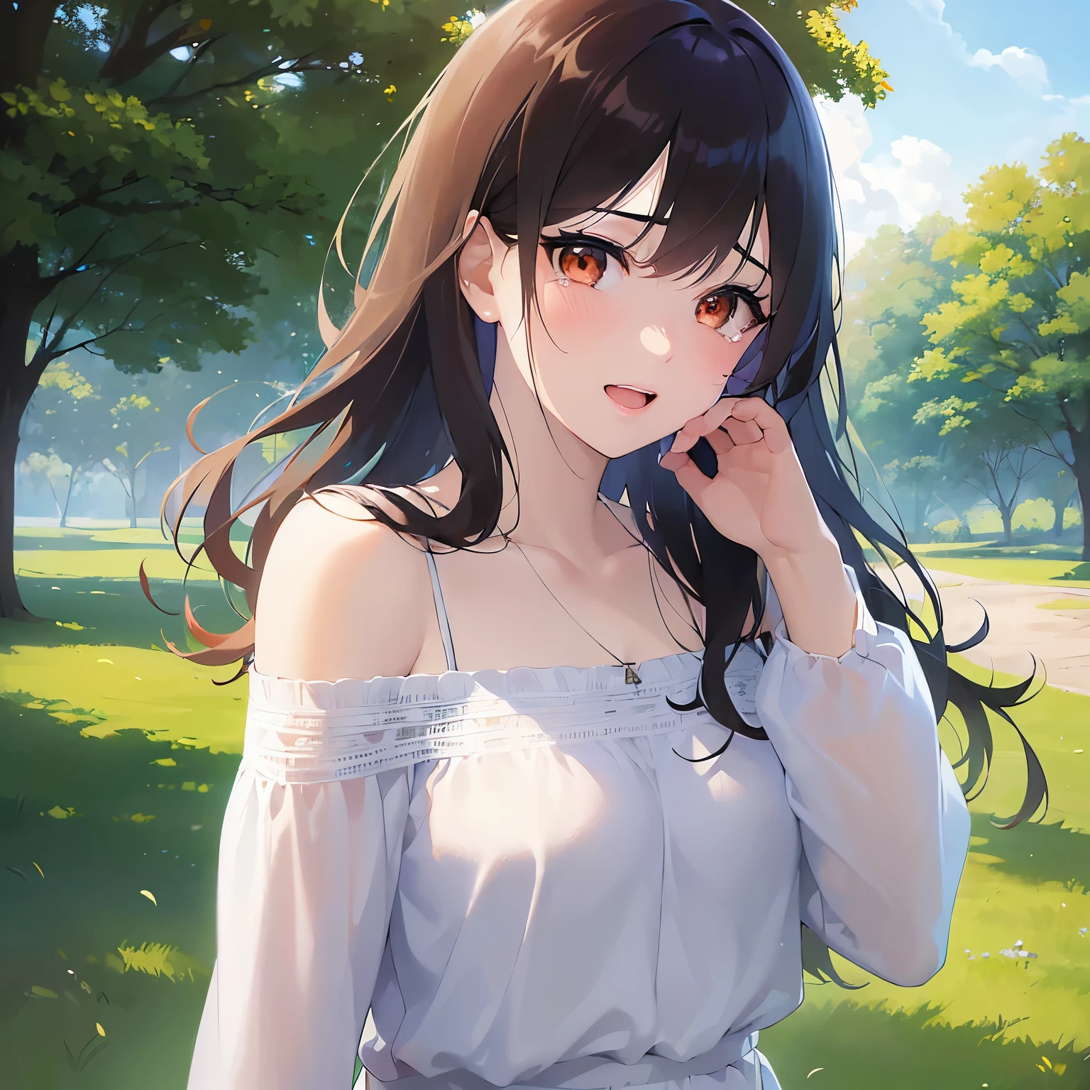 (looking at viewer:1.5)Upper Body, (wiping tears:1.3),
Realistic, real person, (pale skin: 1.2), RAW photo, photorealistic, shiny skin, shiny hair、
(A 25-year-old woman with medium-length hair and bangs) and (wavy hair) and (brown hair) and (orange eyes),
(white) and (off shoulder blouse),
(tearful:1.2),smile,open mouth,park,grass、blue sky、(alone:1.5)