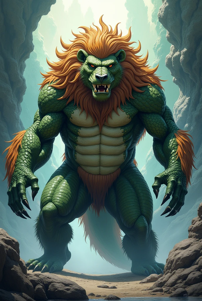 This majestic creature has the head of a crocodile, adorned with an imposing lion&#39;s mane, and a robust body that mixes the scaly texture of the crocodile with the powerful musculature of a bear.. He has four arms like a gorilla Anime style drawing  estilo anime japonés , que tenga 4 brazos 

