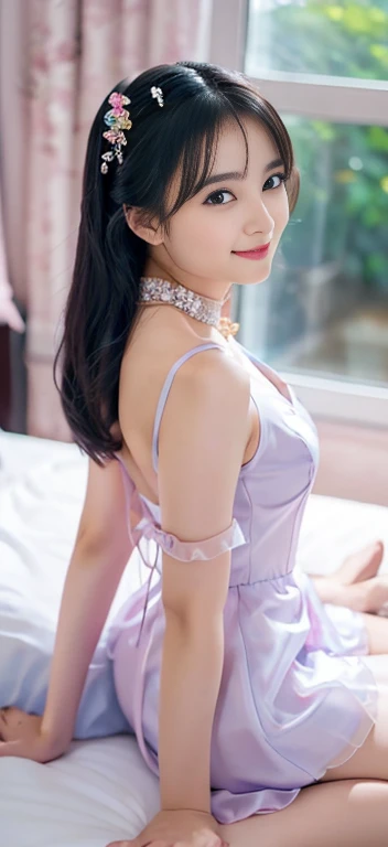 Beautiful, cute , 17 Years lolita Girl, blue eyes, high ponytail hair, black hair, hair ornaments, wearing sexy pink mini kebaya dress, micro skirt, Rounded medium Breast, cleavage cutout, slightly Chubby , luxury necklace, White Skin, Smiling, bedroom Background, full body portrait, high heels, Perfect Potrait, Bokeh Effect, Look at Viewer, Armpit, Perfect Eye, Perfect Hand, Perfect Finger, Bracelet, Ring, ((adorable:1.2)), ((masterpiece:1.1)), ((bokeh:1.2)),two 18 year old tween girls trying on cute clothes, two close friends, colored hair, collar, skinny body, detailed pupils, beautiful face, perfect faces like young asian models, tattoo, touching each other, back straps, innocent expression, enticing, full body showing legs, garter with stockings, good lighting, high heels, cute glasses, kawai cosplay girls, strapped colored dresses with cutouts slits, bright playful, thin model, cute young teen girls. two girl ing,,(bright lighting,romantic setting),dreamy background,,dark hair, mesmerizing gaze, , soft skin, alluring beauty, artistic portrait, high-quality image, vibrant colors,translucent long silk gown, mosquito net, lying down, romantic bedroom,bondage 