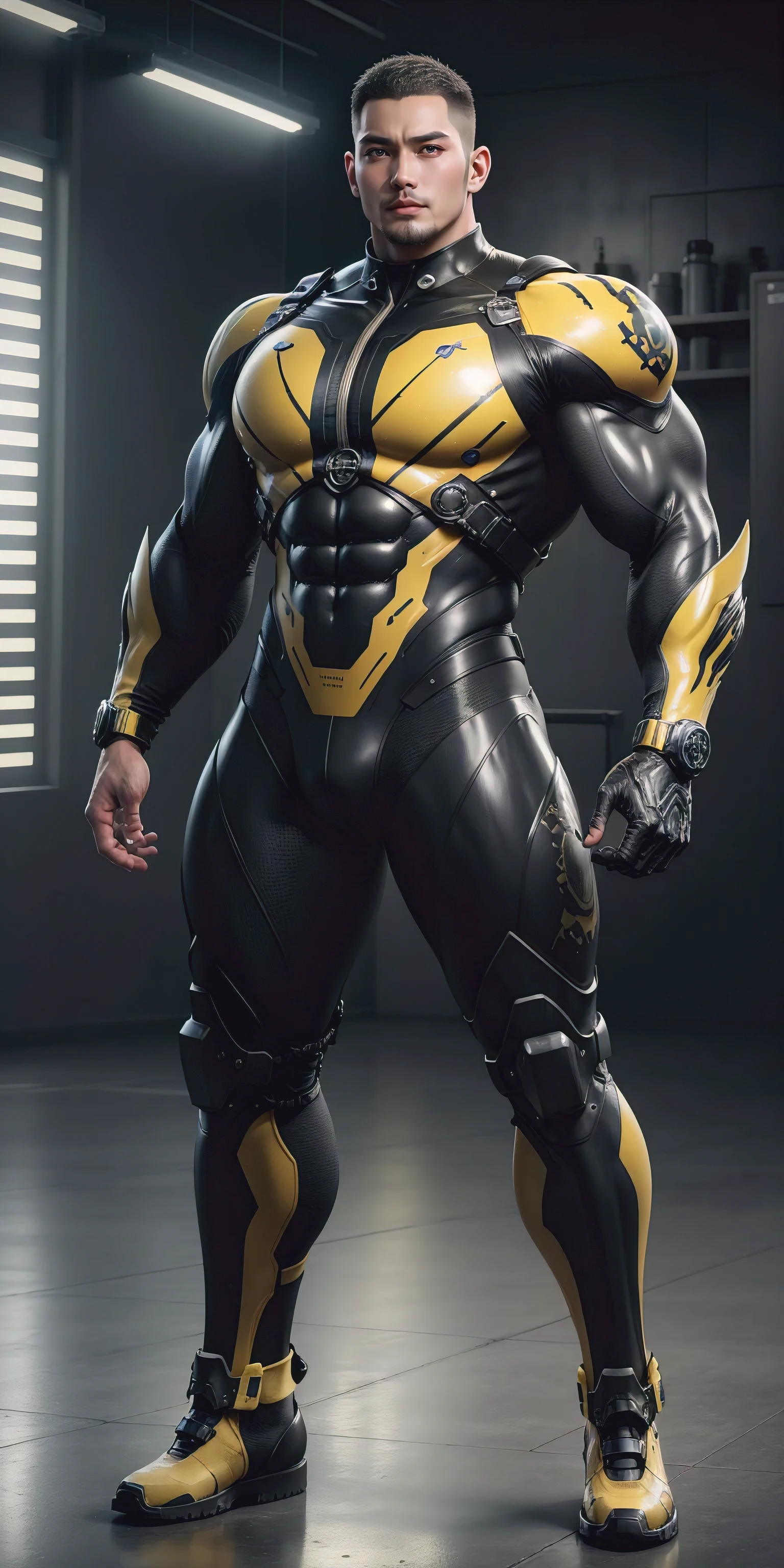 Tall giant muscular police officer,Yellow and black camouflage patterned nano mecha,Honeycomb pattern,Lightweight texture,Character Concept(Resident Evil - Chris Redfield,Chris Redfield)senior police officer,Small grid texture,Regular symmetrical texture pattern,Sad expression,Deep and charming eyes,Standing in a bright mechanical laboratory,Emerald Eyes Hero,Heroic male pose,Tall burly,muscular!Attractive leg muscles,High target, Burly, Heqiang, Super Buff and Coolness, High Resolution Committee, Bigfoot yellow-gray ultra-thin nano-mechanical boots,Charismatic strongman,The bright sunshine shines on you,Matte particles,Shiny texture