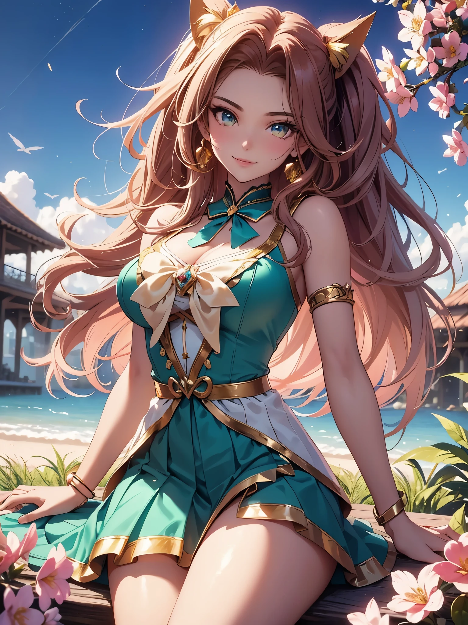 (best quality,4k,8k,highres,masterpiece:1.2),ultra-detailed,(realistic,photorealistic,photo-realistic:1.37),acrylic painting,beautiful Brazilian model in a uniform outfit red and gold with downy hair,beautiful Brazilian model with extremely colorful brown hair and detailed facial features,beautiful Brazilian model standing in a beautiful garden surrounded by a starry sky,pink hair,beautiful Brazilian model wearing a vibrant teal and gold uniform outfit,beautiful Brazilian model with intricate accessories,cat ears, ,beautiful Brazilian model with long flowing twintails,beautiful Brazilian model with bright brown eyes and rosy lips,beautiful Brazilian model with a joyful expression,beautiful Brazilian model in a dynamic pose with cherry blossoms falling around her,beautiful Brazilian model surrounded by colorful flowers and butterflies,beautiful Brazilian model's school uniform outfit adorned with cute bows and lace details red and gold,beautiful Brazilian model with an enchanting smile,beautiful Brazilian model with soft, pastel-colored shading,beautiful Brazilian model with a magical glow illuminating her,beautiful Brazilian model in a picturesque setting with a winding path leading to a magnificent castle,beautiful Brazilian model with a fairytale-like background,beautiful Brazilian model with a soft, dreamy atmosphere,beautiful Brazilian model with a subtle bokeh effect,beautiful Brazilian model standing under a sunny sky,beautiful Brazilian model with a warm, golden sunset in the background,beautiful Brazilian model surrounded by twinkling stars and colorful nebulae,creating an ethereal and captivating artistic masterpiece, sitting down, facing camera, uniform outfit sailor scout