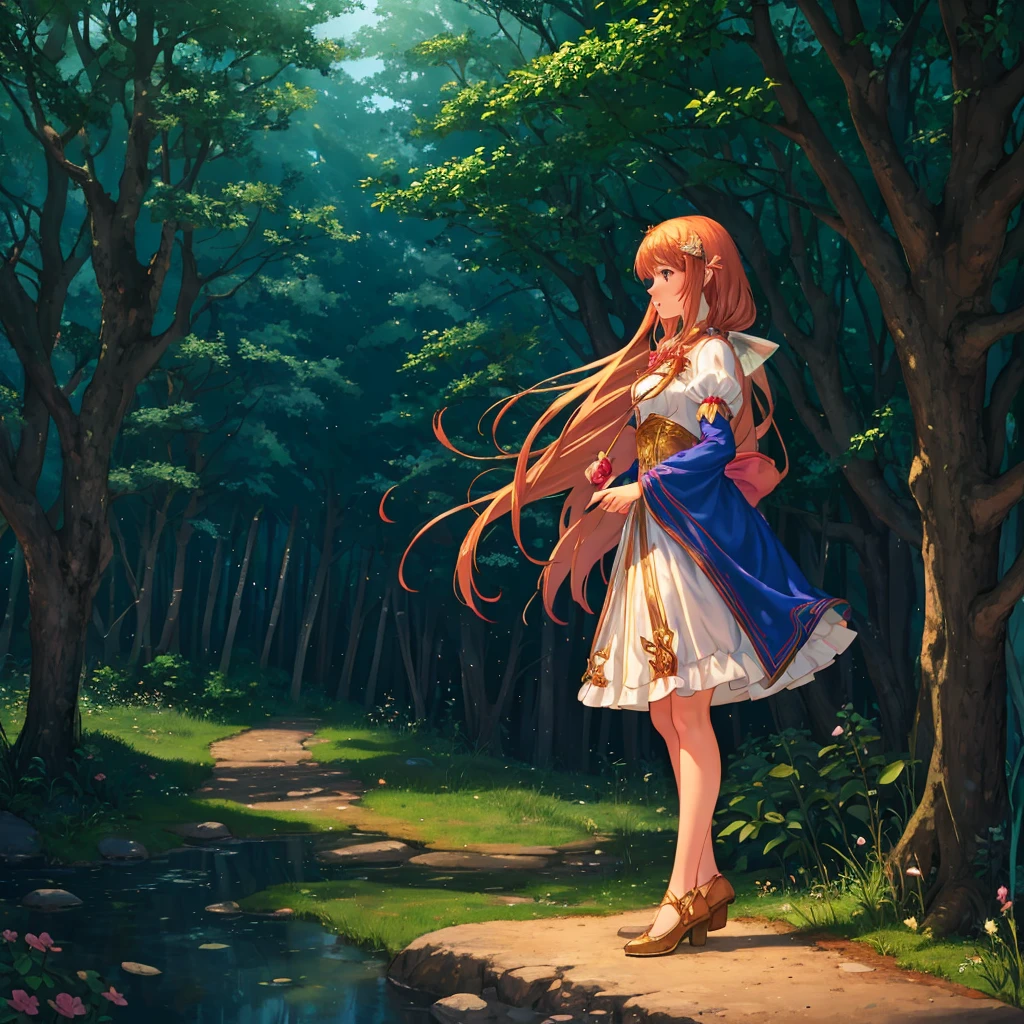 Create a fairy tale about a girl, standing in a magical forest 