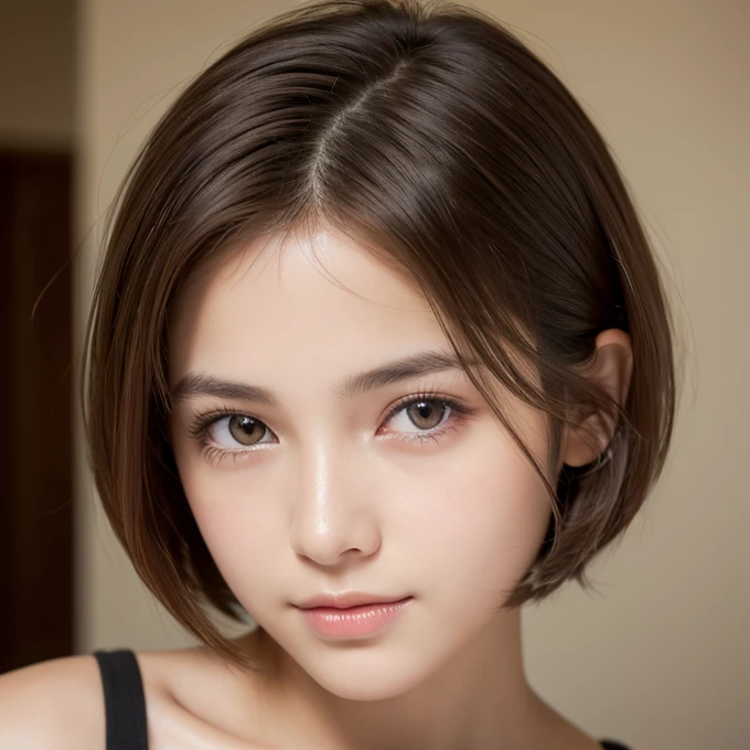 Highest quality, Face Focus, Soft Light, Ultra-high resolution, (Realistic:1.4), RAW Photos, age Girls, alone, cute, (A shy smile:0.5), (Brown eyes, light in your eyes), Beautiful face in every detail, (Small Box),(High resolution detail of human skin texture), (Short Bob Hair)    hairpin　Facing forward