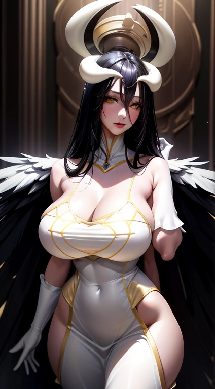 focused to upper body, realistic, 1girl, long black hair, sparkling yellow eyes, white dress, standing pose, tomb background, horn, perfect limbs, desnuda sexy, de pies a cabeza imagen hd hermosa diosa piernas grandes y culo rico tetas Grandes diosa hermosa