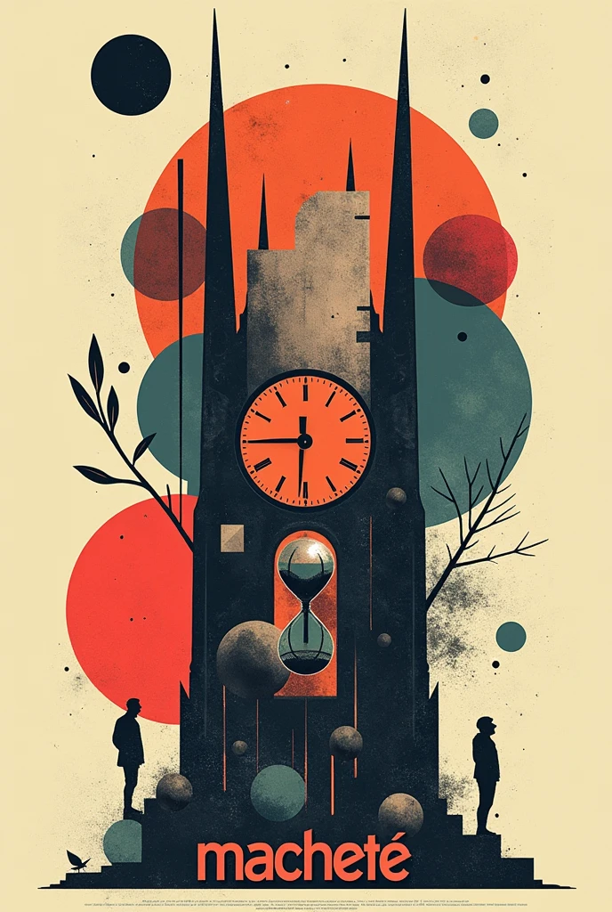 Cover for a rock band with a headline that says "machete".
Use a minimalist and abstract illustration style, with many different figures that refer to time.
Do not use humans or anthropomorphic figures.