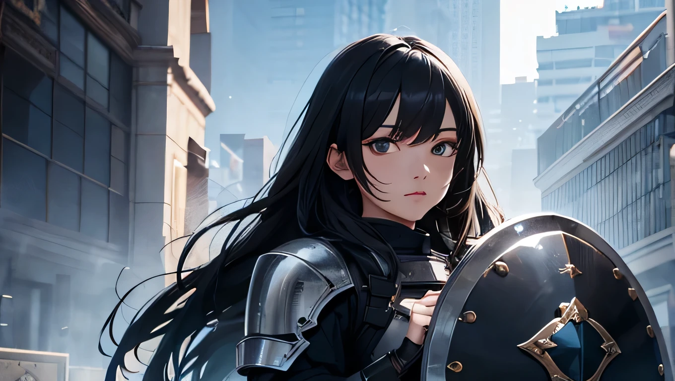 Ultra detailed, 4K, HD, FHD, Fantasy, detiled face, dynasty, anime girl, black hair, long hair, riot Shield, Shield , dinasty outfit.