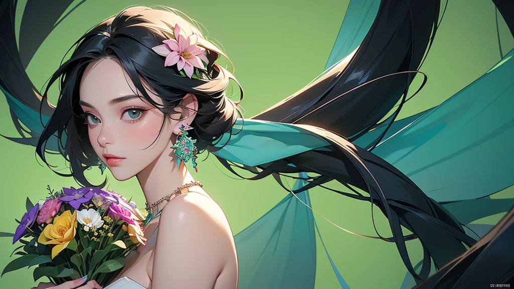 32K, 最高quality, 最高masterpiece, (ultra-Detailed Background, Detailed Background), High resolution, Super detailed, Very detailedな, One girl, (bouquet:1.3), (Tangled:1.2), (Geometric:1.2),(colorful),(masterpiece, quality, best quality, Official Art, Beautiful and beautiful:1.2), (1 girl:1.3), Very detailed,(colorful:1.1)(Flowers:1.3),Most detailed,(Tangled:1.2), whole body, (Abstract background:1.3), (Skin glows), (Many colors:1.4), ,(Earrings Jewelry:1.5), Light green background,
