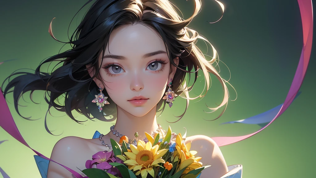 32K, 最高quality, 最高masterpiece, (ultra-Detailed Background, Detailed Background), High resolution, Super detailed, Very detailedな, One girl, (bouquet:1.3), (Tangled:1.2), (Geometric:1.2),(colorful),(masterpiece, quality, best quality, Official Art, Beautiful and beautiful:1.2), (1 girl:1.3), Very detailed,(colorful:1.1)(Flowers:1.3),Most detailed,(Tangled:1.2), whole body, (Abstract background:1.3), (Skin glows), (Many colors:1.4), ,(Earrings Jewelry:1.5), Light green background,